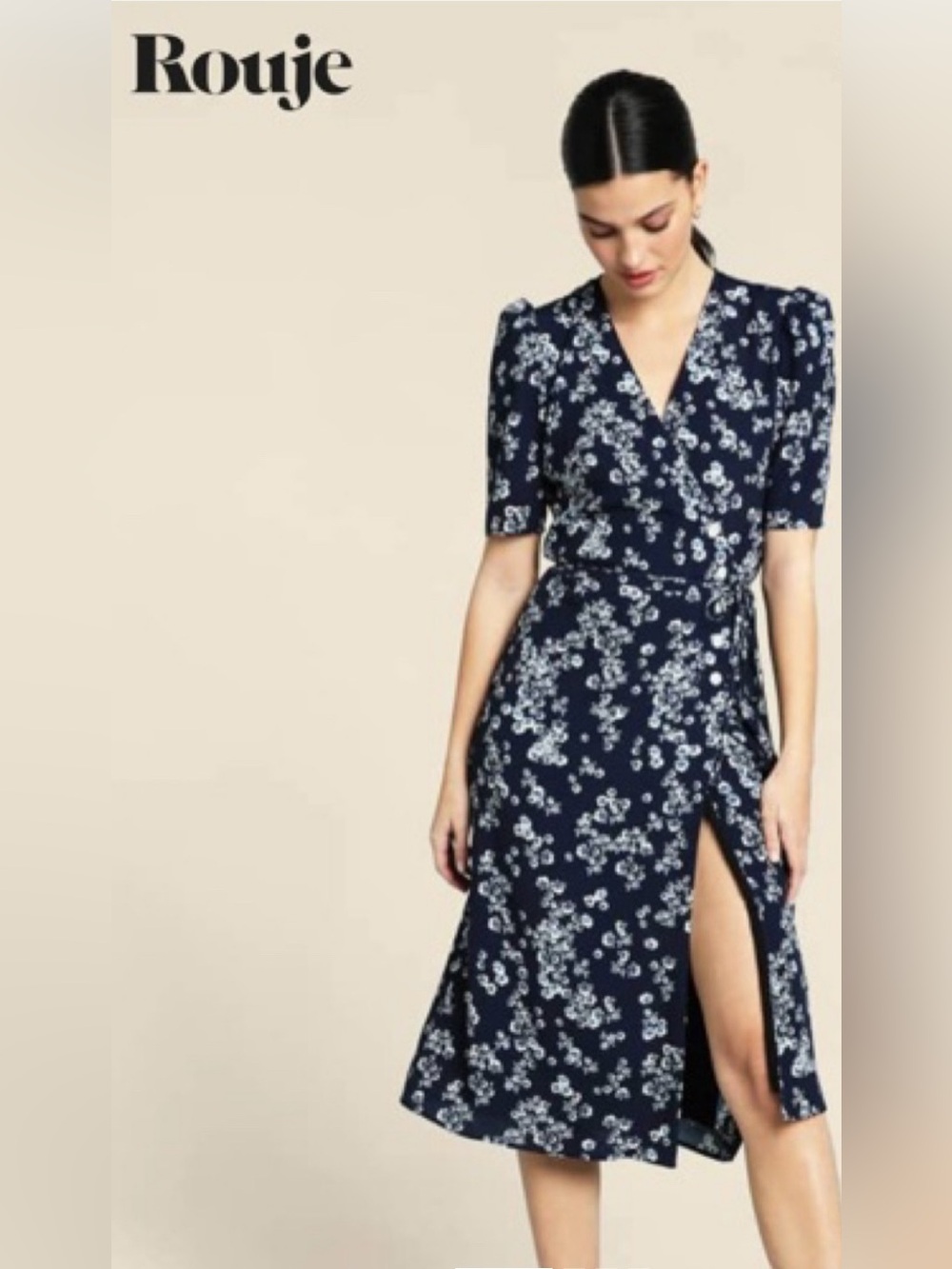 Rouje Navy and White Floral Wrap Midi Dress Size 36 or XS